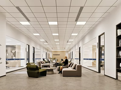 Modern Office Break Room Interior With Comfortable Sofa Chairs Tables And Open Space Lighting 3d model