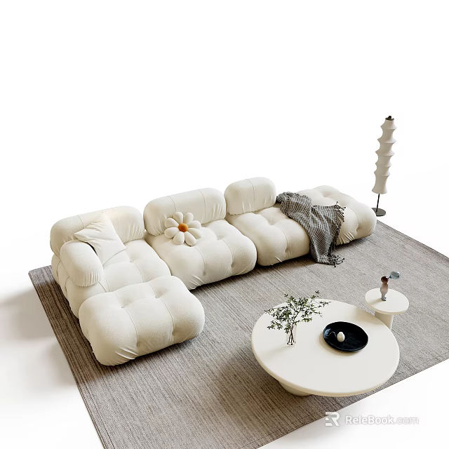 Modern White Plush Sofa and Coffee Table Set With Floral Pillow Throw Blanket and Small Plant 3d model 