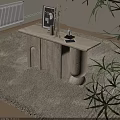 Modern Minimalist Beige Stone Entryway Console Table And Side Cabinet With Decorations And Plants