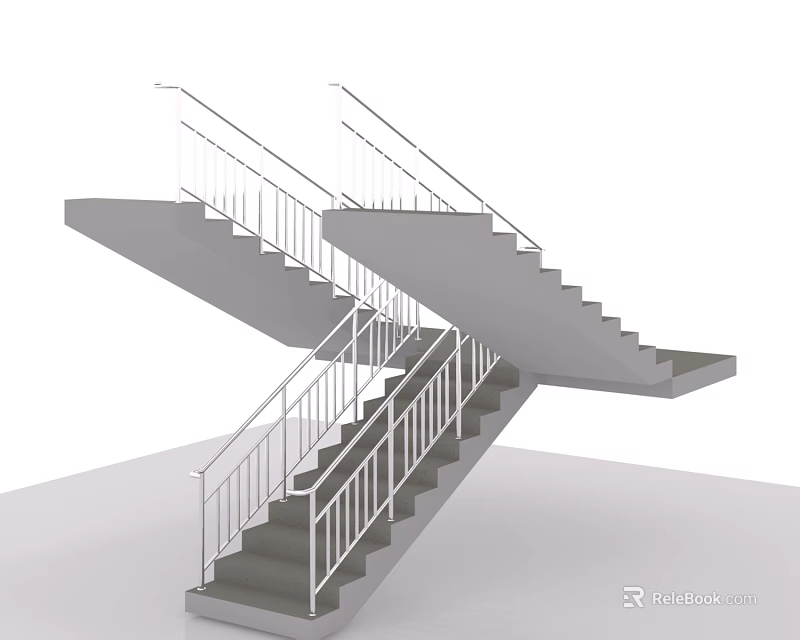 Modern Staircase Aisle With Cross Design White Railings And Gray Steps 3d model 