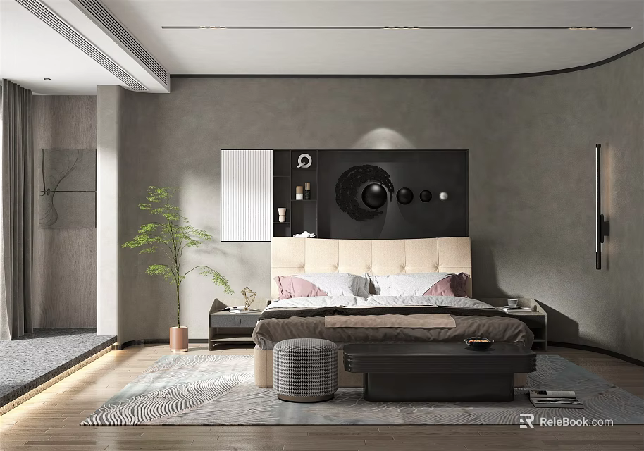 Modern Minimalist Bedroom Interior Design With Gray Headboard Wall Bed Nightstands And Area Rug 3d model 