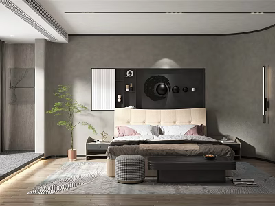 Modern Minimalist Bedroom Interior Design With Gray Headboard Wall Bed Nightstands And Area Rug 3d model