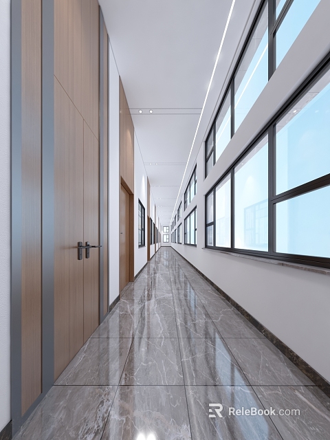 Modern Elevator Hallway With Marble Floor Wooden Doors And Large Windows 3d model 