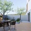 Modern Courtyard Garden With Wooden Deck Dining Set Green Plants Glass Doors And Water Feature