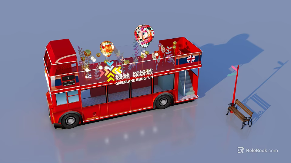 Commercial Outdoor Setup With Red Double Decker Bus Decorative Balloons Flowers Bench And Street Lamp 3d model 
