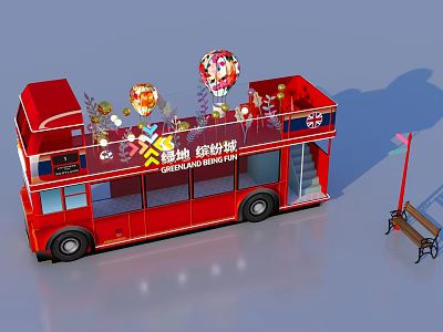 Commercial Outdoor Setup With Red Double Decker Bus Decorative Balloons Flowers Bench And Street Lamp 3d model