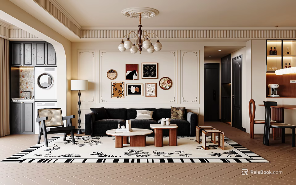 Modern Living and Dining Room Interior Design With Sofa Coffee Tables Rug and Framed Art 3d model 