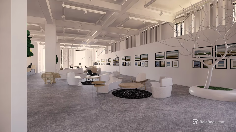 Modern Open Interior Space With Sofa Chairs Wall Art And Green Plants 3d model 