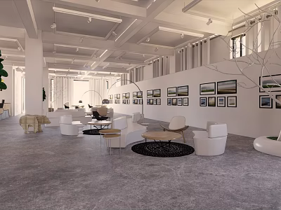 Modern Open Interior Space With Sofa Chairs Wall Art And Green Plants 3d model