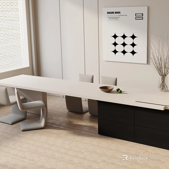 Modern Dining Table Set With Light Tabletop Gray Chairs Black Cabinet And Geometric Wall Art 3d model 