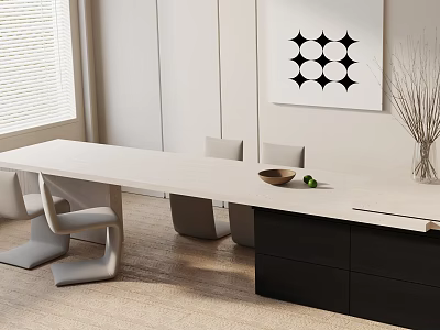 Modern Dining Table Set With Light Tabletop Gray Chairs Black Cabinet And Geometric Wall Art 3d model