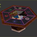 Unique Octagonal Wooden Table With Colored Symbols And Central Decorative Design