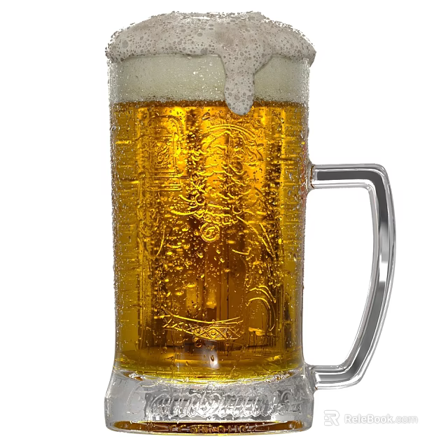 Chilled Beer Bottle and Glass with Overflowing Foam Golden Beer and Condensation 3d model 