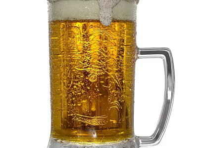 Chilled Beer Bottle and Glass with Overflowing Foam Golden Beer and Condensation 3d model