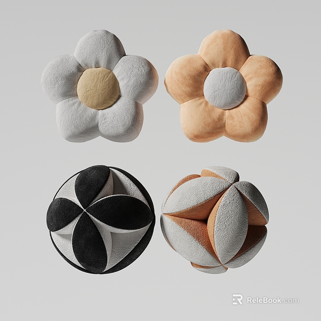 Decorative Flower Shaped And Sphere Shaped Pillows In Gray Beige Black White Colors 3d model 