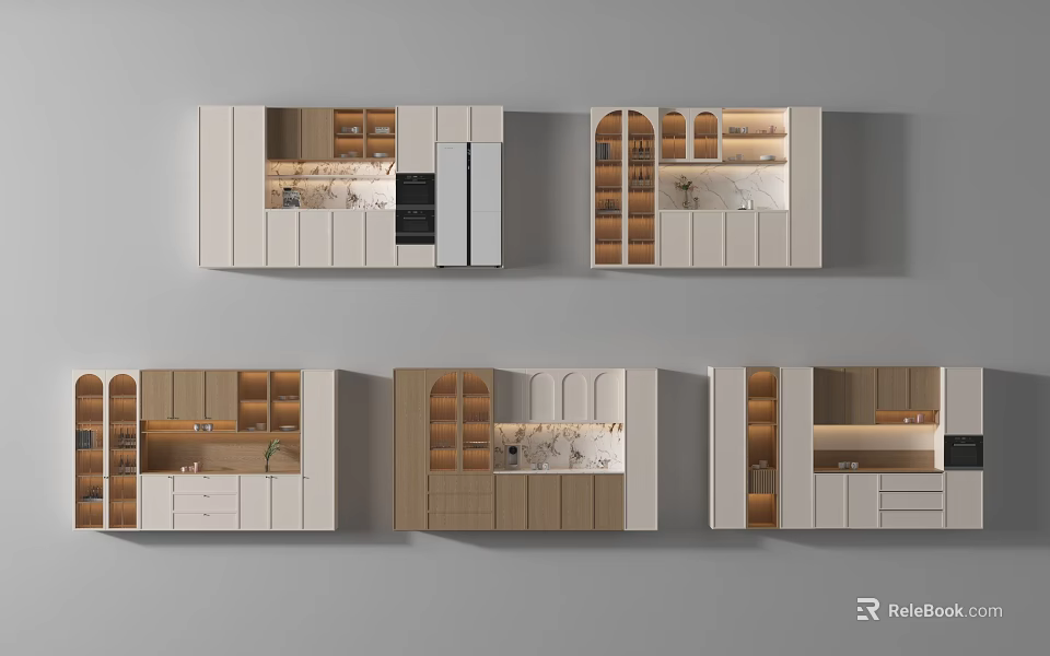 Modern Sideboard Cabinet Designs With Glass Doors Wooden Shelves And Storage Drawers 3d model 