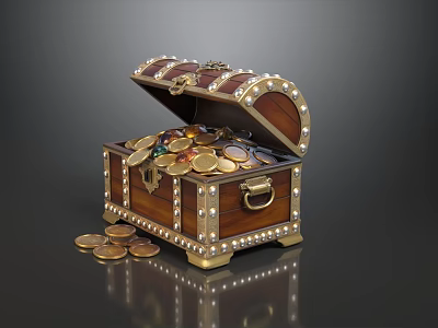 Vintage Wooden Stone Chest Open Filled With Gold Coins And Metal Accents 3d model