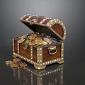 Vintage Wooden Stone Chest Open Filled With Gold Coins And Metal Accents
