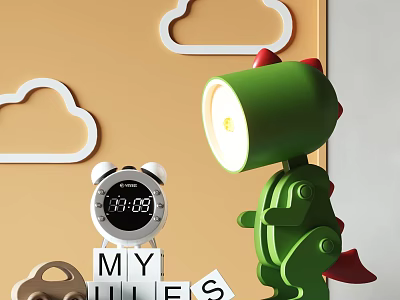 Green Dinosaur Shaped Kids Room Lamp With Alarm Clock And Letter Blocks Decor 3d model