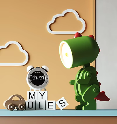 Green Dinosaur Shaped Kids Room Lamp With Alarm Clock And Letter Blocks Decor 3d model