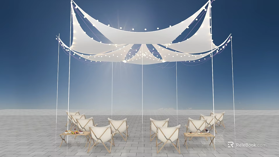White Tent With String Lights And White Chairs On Square Tiles Under Blue Sky 3d model 