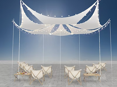 White Tent With String Lights And White Chairs On Square Tiles Under Blue Sky 3d model