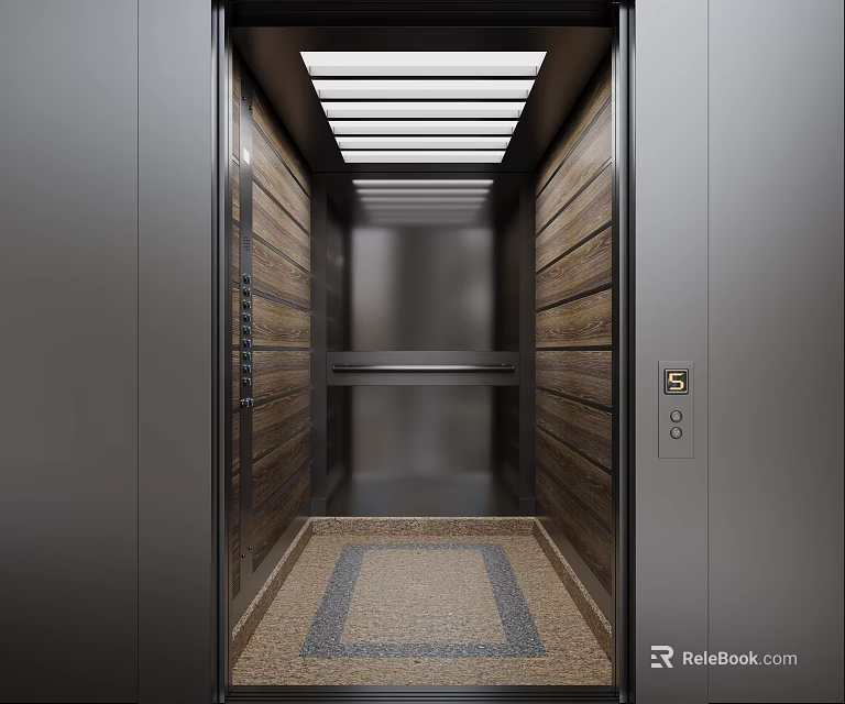 Elevator Interior With Wooden Paneling Strip Lighting Stainless Steel Handrail And Geometric Patterned Floor 3d model 