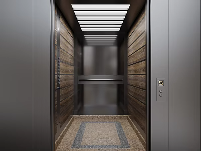 Elevator Interior With Wooden Paneling Strip Lighting Stainless Steel Handrail And Geometric Patterned Floor 3d model