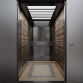 Elevator Interior With Wooden Paneling Strip Lighting Stainless Steel Handrail And Geometric Patterned Floor