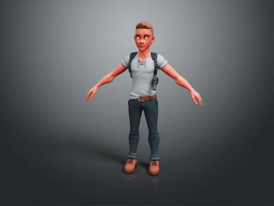 3D Game Film Character Young Male Model With Short Hair Gray T-Shirt Backpack Arms Outstretched 3d model