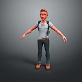 3D Game Film Character Young Male Model With Short Hair Gray T-Shirt Backpack Arms Outstretched