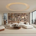 Modern Living Room Interior With White Sofa Wooden Bookshelf Round Ceiling Light And Large Window