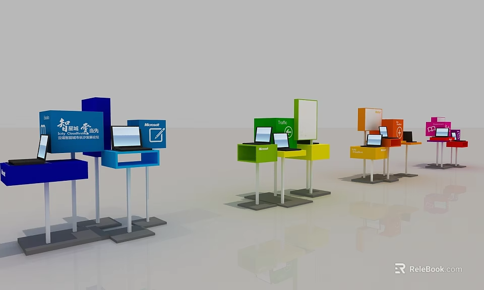Modern Colorful Display Shelves With Laptops And Branded Signs For Exhibition 3d model 