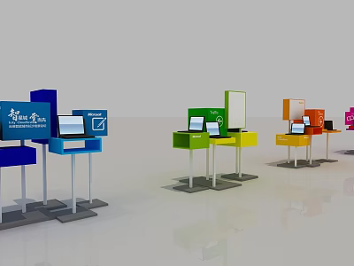 Modern Colorful Display Shelves With Laptops And Branded Signs For Exhibition 3d model