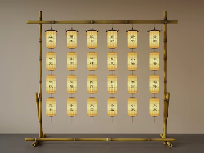 Decorative Bamboo Frame With Multiple Hanging Lanterns Featuring Chinese Characters 3d model