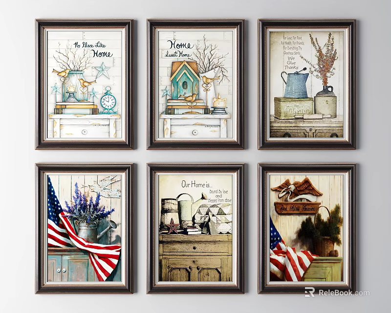 Vintage Home Themed Decorative Wall Art With American Flag And Rustic Elements 3d model