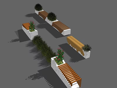 Wooden Outdoor Chairs With White Planters And Green Foliage In Outdoor Space 3d model