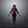 3D Sci Fi Female Character With Red Hair And Red Black Blue White Combat Costume Design