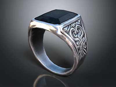 Silver Ring with Square Black Gemstone and Intricate Carved Patterns on Band 3d model