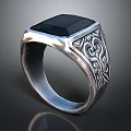 Silver Ring with Square Black Gemstone and Intricate Carved Patterns on Band