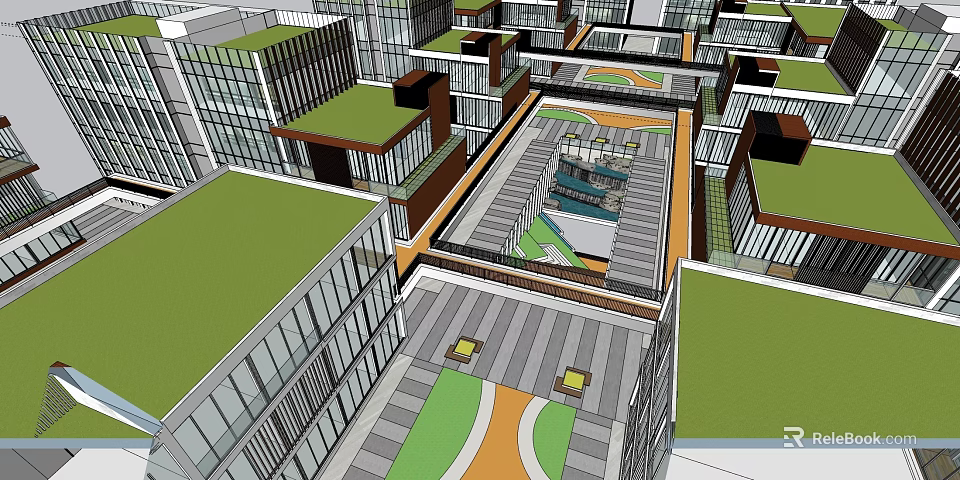Modern Office Building Complex With Green Roofs Plaza And Pedestrian Walkways 3d model 