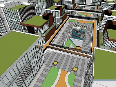 Modern Office Building Complex With Green Roofs Plaza And Pedestrian Walkways 3d model