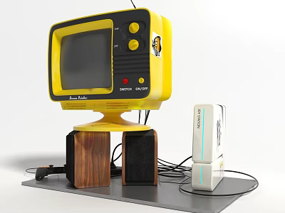 Vintage Yellow Television with Wooden Speakers and Retro Game Console Setup 3d model
