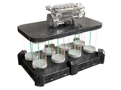 Decorative Ornament Set With Black Layered Stand Transparent Mechanical Model Glass Cylinders And Green Lights 3d model