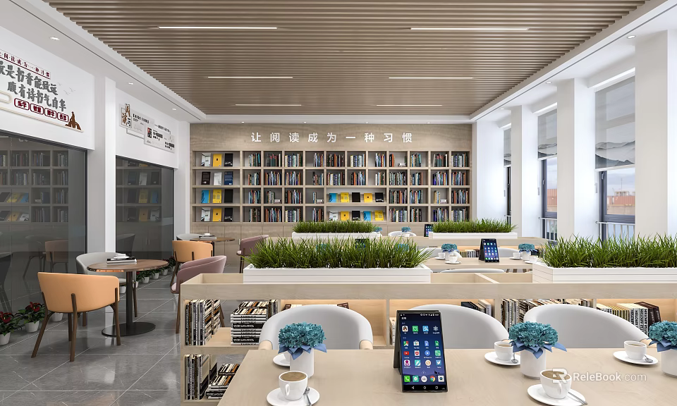 Modern Book Art Interior Design With Colorful Bookshelves Tables Green Plants And Tablets 3d model 
