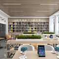 Modern Book Art Interior Design With Colorful Bookshelves Tables Green Plants And Tablets