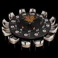 Round Dining Table Set with Multiple Beige Chairs Black Tableware and Decorative Centerpiece 3d model