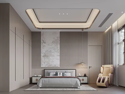 Modern Bedroom Interior Design With Bed Nightstands Decorative Painting And Accent Chair 3d model