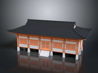 Traditional East Asian Building with Black Tiled Roof Overhanging Eaves and Wooden Framed Windows 3d model