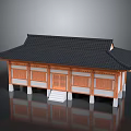 Traditional East Asian Building with Black Tiled Roof Overhanging Eaves and Wooden Framed Windows